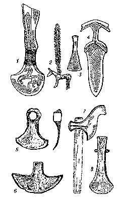 Колхидская культура. 13—7 вв. до н. э. Бронзовые и железные предметы: 1, 3, 7, 8 — топоры; 2 — подвеска; 4 — кинжал; 5 — мотыга; 6 — сегментовидное орудие.