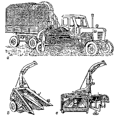 Шасси косилки-измельчителя КИК-1,4: а — с косилкой; б — с кукурузоуборщиком; в — с подборщиком.