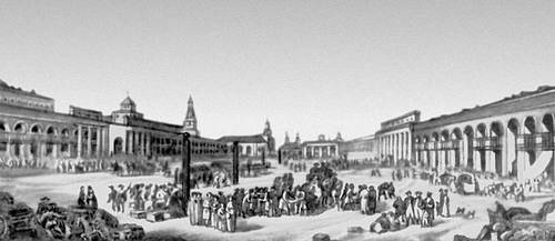 Красная площадь в конце 18 в. Гравюра художника Делабарта. 1795.
