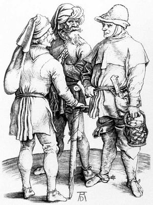 Дюрер А. «Три крестьянина». Около 1497. Резцовая гравюра на меди.