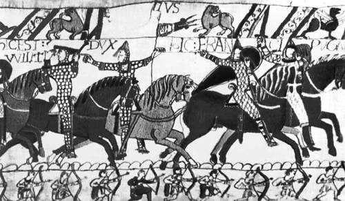 Вышитая ткань со сценами завоевания Англии в 1066 (т. н. ковер из Байё). Около 1080. Фрагмент. Музей королевы Матильды Байё.