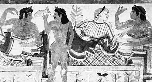 Этруски. Сцена пира. Фрагмент росписи гробницы «Леопардов». 2-я четв. 5 в. до н. э. Таркуиния.