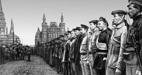 Рабочие полки Всевобуча на параде в Москве на Красной площади. Май 1919.