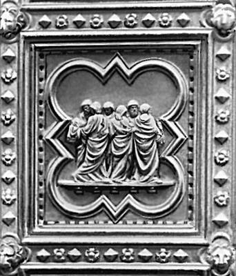 Андреа Пизано. «Перенесение тела Иоанна Крестителя». Рельеф на двери баптистерия во Флоренции. Позолоченная бронза. 1330—36.