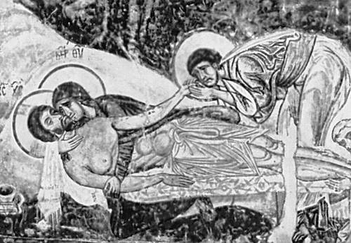 «Оплакивание Христа». Фрагмент фрески в церкви св. Пантелеймона в Нерези. 1164.