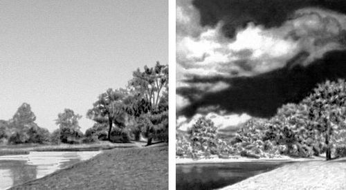 Фотографии ландшафта: слева — на обычной пластинке, справа — на инфракрасной пластинке. Листья деревьев отражают инфракрасное излучение и поэтому на фотографии справа кажутся светлыми, вода поглощает инфракрасное излучение — на снимке выходит темной; небо также выходит темным, т.к. оно не рассеивает инфракрасное излучение.