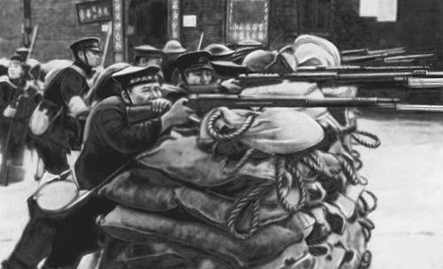 Японские войска ведут бои на улицах Шанхая. 1937.
