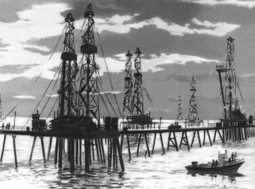 Советская графика. М. Ю. Рахманзаде. «Эстакада» из серии «Нефтяные Камни». Автолитография. 1956—57.