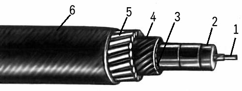 Подводные коаксиальные кабели для телефонно-телеграфной связи. Мелководный: 1 — внутренний медный проводник, 2 — сплошная полиэтиленовая изоляция, 3 — внешний проводник из медной ленты, 4 — слой пропитанной противогнилостным составом кабельной пряжи из джута, 5 — броня из круглых стальных проволок, 6 — слой джута, пропитанного противогнилостным составом.