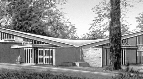 Современная деревянная архитектура. Здание клуба, покрытое оболочкой в виде гиперболического параболоида (Англия). 1950—60-е гг.