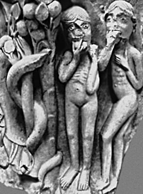 Скульптура. «Адам и Ева». Капитель из церкви Сен-Пьер в Клюни (Франция). Камень. Около 1109—1113. Музей. Клюни.