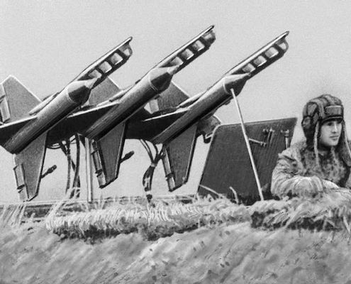 Советская артиллерия. Противотанковые управляемые реактивные снаряды на огневой позиции.