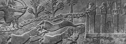 Военная сцена. Рельеф из дворца царя Ашшурнасирпала II в Кальху. 883—859 до н. э. Британский музей. Лондон.