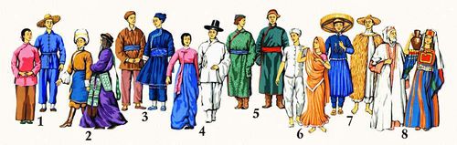 Традиционная (конец 19 — начало 20 вв.) одежда народов Азии и Северной Африки: 1 — китайцы; 2 — тибетцы; 3 — мяо; 4 — корейцы; 5 — монголы; 6 — индийцы; 7 — вьетнамцы; 8 — арабы.