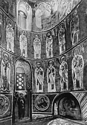 Церковь Спаса на Нередице близ Новгорода. 1198; росписи — 1199. Внутренний вид апсиды (снимок сделан до 1941).