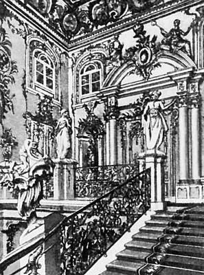 Парадная лестница Большого дворца в Петродворце. 1747—52. (Фото 1940).