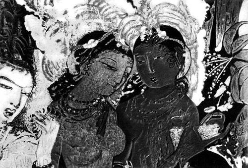 «Божество Индра и небесные девы-апсары». Живопись в пещере № 17. 5 — нач. 6 вв.