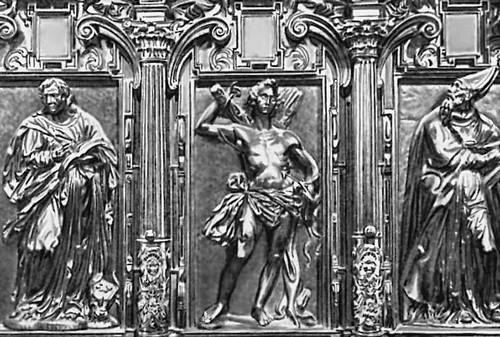 П. де Ногера, М. Алонсо де Меса, Л. Ортис де Варгас. Рельеф на скамьях хора собора в Лиме. Дерево. 1624—26. Фрагмент.
