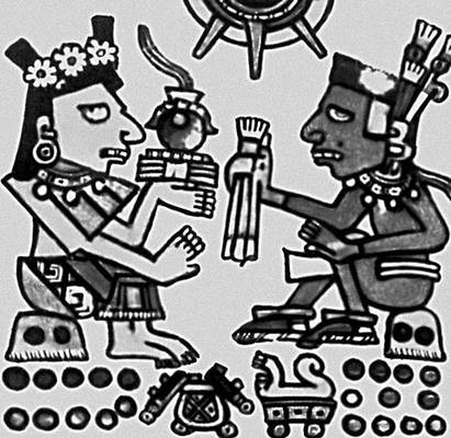 «Пара божеств», фрагмент листа «Кодекса Борджа» (миштекская культура, Мексика; 14—16 вв., Ватиканская библиотека).