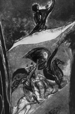 «Три волхва на конях» из композиции «Рождество Христово». Фреска в церкви Успения на Волотовом поле близ Новгорода (фрагмент). Между 1363 и 1390.