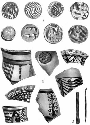 Культура Джхукар (находки в Чанху-Даро): 1 — печати-амулеты; 2 — образцы керамики; 3 — долото и булавка.
