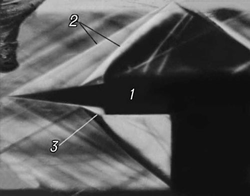 Рис. 3а. Теневые спектры обтекания модели, а — качественное исследование картины течения при М = 3: 1 — модель в виде конуса, опирающегося на торцовую поверхность цилиндра; 2 — ударные волны; 3 — граница оторвавшегося пограничного слоя.