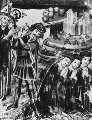 Словения. Янез Люблянский. «Св. Николай останавливает казнь трёх невинных». Фреска в церкви в Високо. 1443.