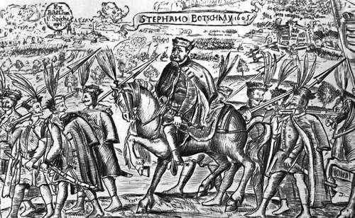 Руководитель антигабсбургского движения И. Бочкаи среди гайдуков. С гравюры 1605.
