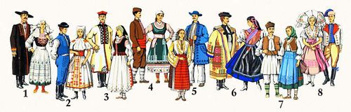 Традиционная (конец 19 — начало 20 вв.) одежда народов Центральной и Юго-Восточной Европы: 1 — чехи; 2 — словаки; 3 — поляки; 4 — болгары; 5 — румыны; 6 — венгры; 7 — сербы; 8 — лужичане.
