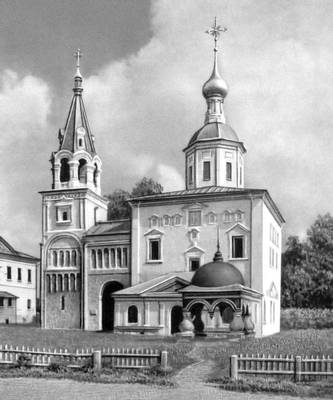 Боголюбово. Дворцовая церковь (12 в.—1751), переход и «лестничная» башня (12 в.).