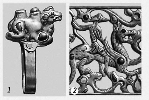 Каргалинский клад: 1 — золотой перстень с изображением верблюда; 2 — золотая диадема. Деталь.