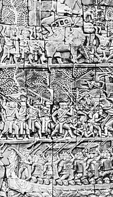 «Битва кхмеров с тьямами». Рельеф в храме Байон в Ангкор-Тхоме. Конец 12—13 вв. Песчаник.