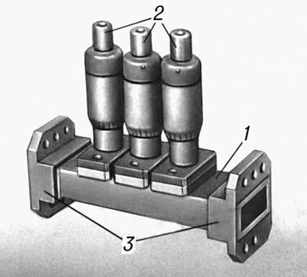 Рис. 2. Внешний вид трёхштыревого волноводного трансформатора: 1 — волновод; 2 — головки микрометрических винтов для регулирования глубины погружения штырей в волновод; 3 — соединительные фланцы.