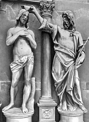 А. Сансовино. Группа «Крещение Христа» на баптистерии Сан-Джованни во Флоренции. Мрамор. Начата в 1502.