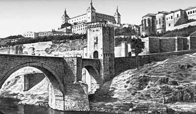 Толедо. Вид на замок Алькасар (13—18 вв.). На переднем плане — мост Алькантара (13 в., перестроен в 15 в.).