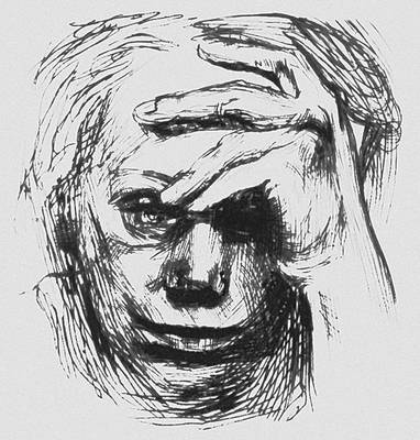 К. Кольвиц. «Автопортрет с рукой у лба». Мягкий лак, сухая игла. 1910.