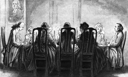 Д. Н. Ходовецкий. «Общество за столом». Рисунок 113 серии «Поездка в Данциг». 1773.