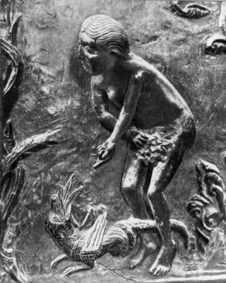 «Ева». Фрагмент рельефа дверей церкви Санкт-Михаэльскирхе (ФРГ). Бронза. 1008—15. Собор. Хильдесхейм.