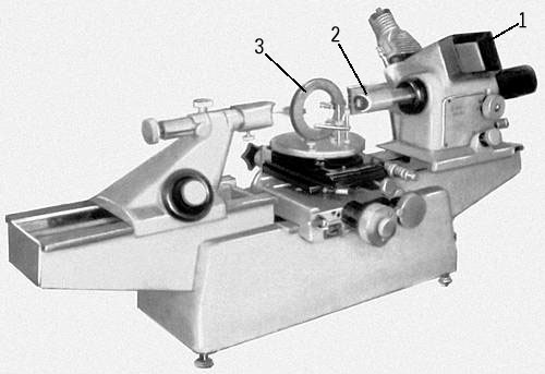 Рис. 2. Оптический длиномер: 1 — проекционное устройство; 2 — измерительный стержень; 3 — измеряемая деталь.
