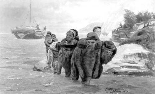 И. Е. Репин. «Бурлаки, идущие в брод». 1872. Третьяковская галерея. Москва.