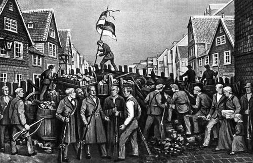 Фридрих Энгельс на баррикадах в Эльберфельде. Май 1849. Гравюра 19 в.
