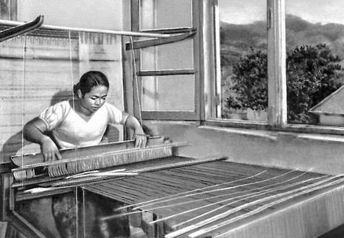 В ткацкой мастерской (остров Суматра). Производство ткани с серебряной нитью.
