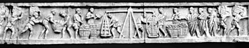 Мавзолей М. Вергилия Еврисака, пекаря и поставщика хлеба. Середина 1 в. до н. э. Рим. Фриз с изображением пекарни. Сдача хлеба чиновникам.