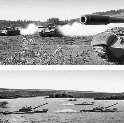 Советские танковые войска на учениях: вверху — танки Т-54; внизу — танки Т-55.