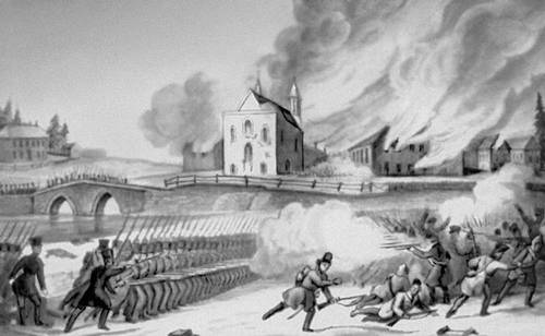 Восстание 1837—38. Бой повстанцев с войсками в селении Сент-Эсташ (Нижняя Канада). 14 декабря 1837.