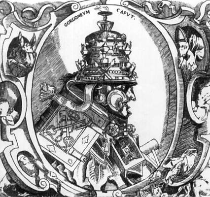 Т. Штиммер. «Голова медузы Горгоны» (антипапская карикатура). Гравюра на меди. 1577.
