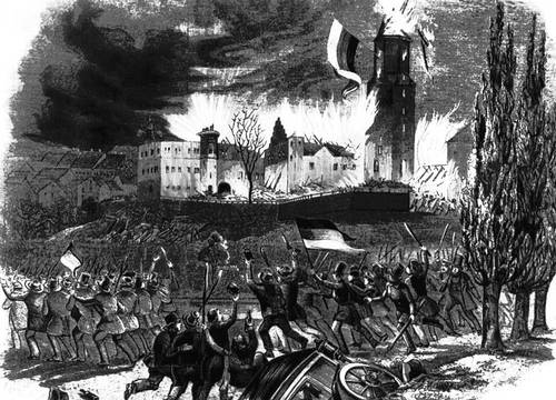 Сожжение Вальденбургского помещичьего замка крестьянами 5 апреля 1848. Гравюра 19 в.