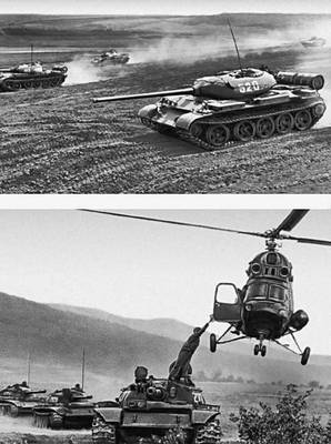 Советские танковые войска на учениях: вверху — танки Т-55; внизу — плавающие танки ПТ-76 Б.