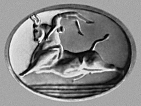 Скульптура. «Ритуальные игры с быком». Оттиск печати (с о. Крит). Около 1500 до н. э. Национальный археологический музей. Афины.
