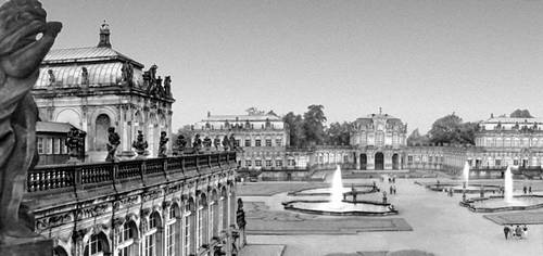 Дрезден. Дворцовый ансамбль Цвингер (1711—22, арх. М. Д. Пеппельман), справа — здание Картинной галереи (1847—56 арх. Г. Земпер и др.)